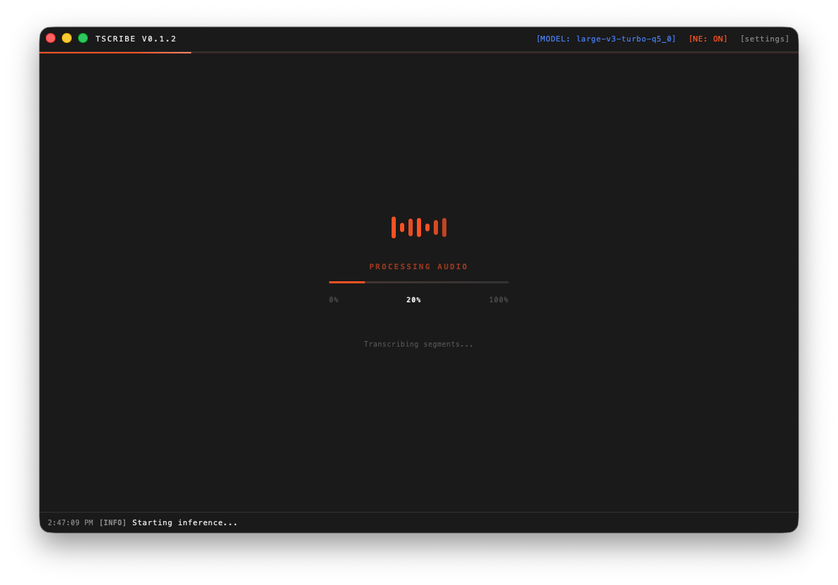 Tscribe transcribing a file, showing progress on screen