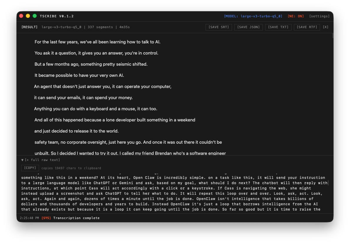 A finished transcript with export options