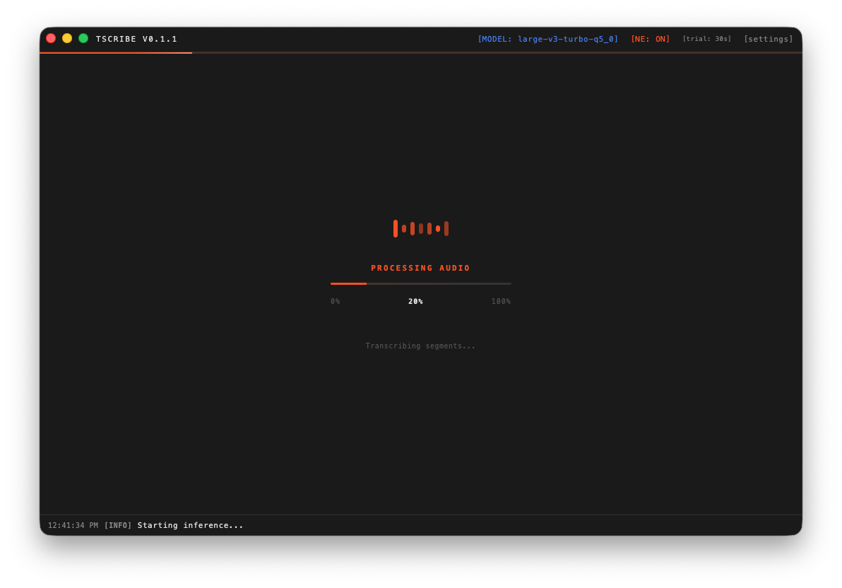 Tscribe app — processing audio locally at 5% progress using whisper.cpp on macOS